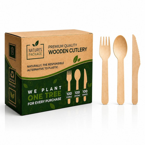 300pc wooden cutlery set - wooden,